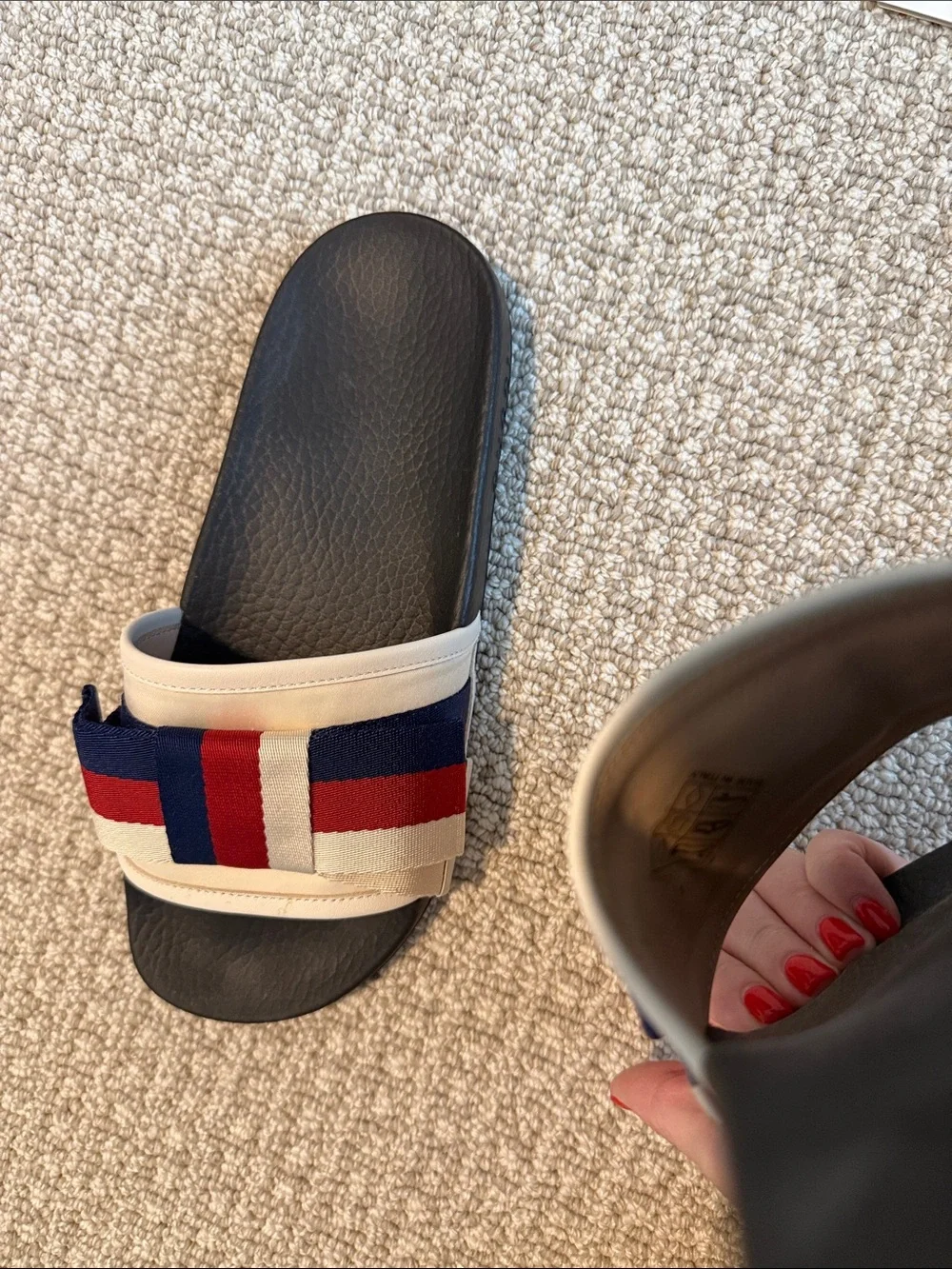 Gucci Black Slides with White, Red and Blue Web Strap